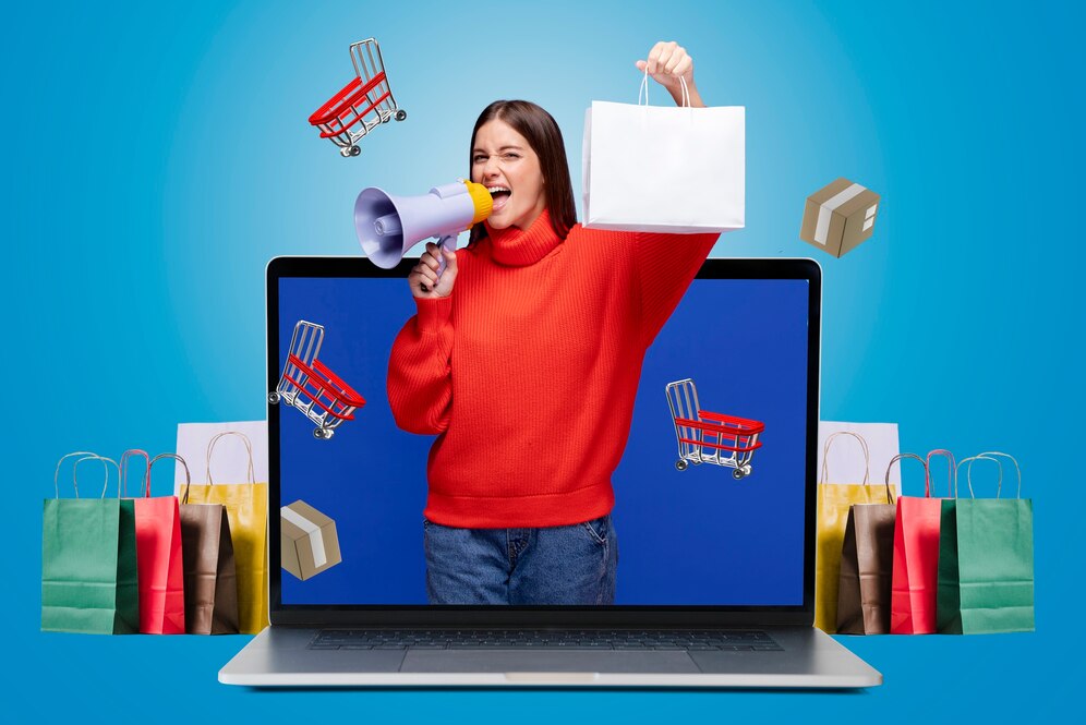 Compras de moda online com laptop.