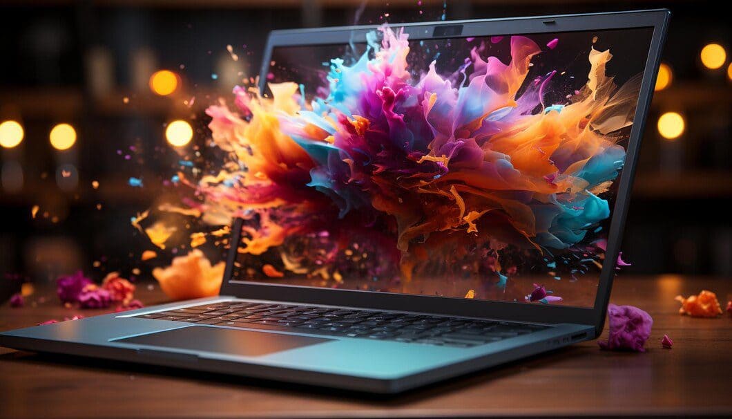 Notebook com uma explosão de cores em sua tela